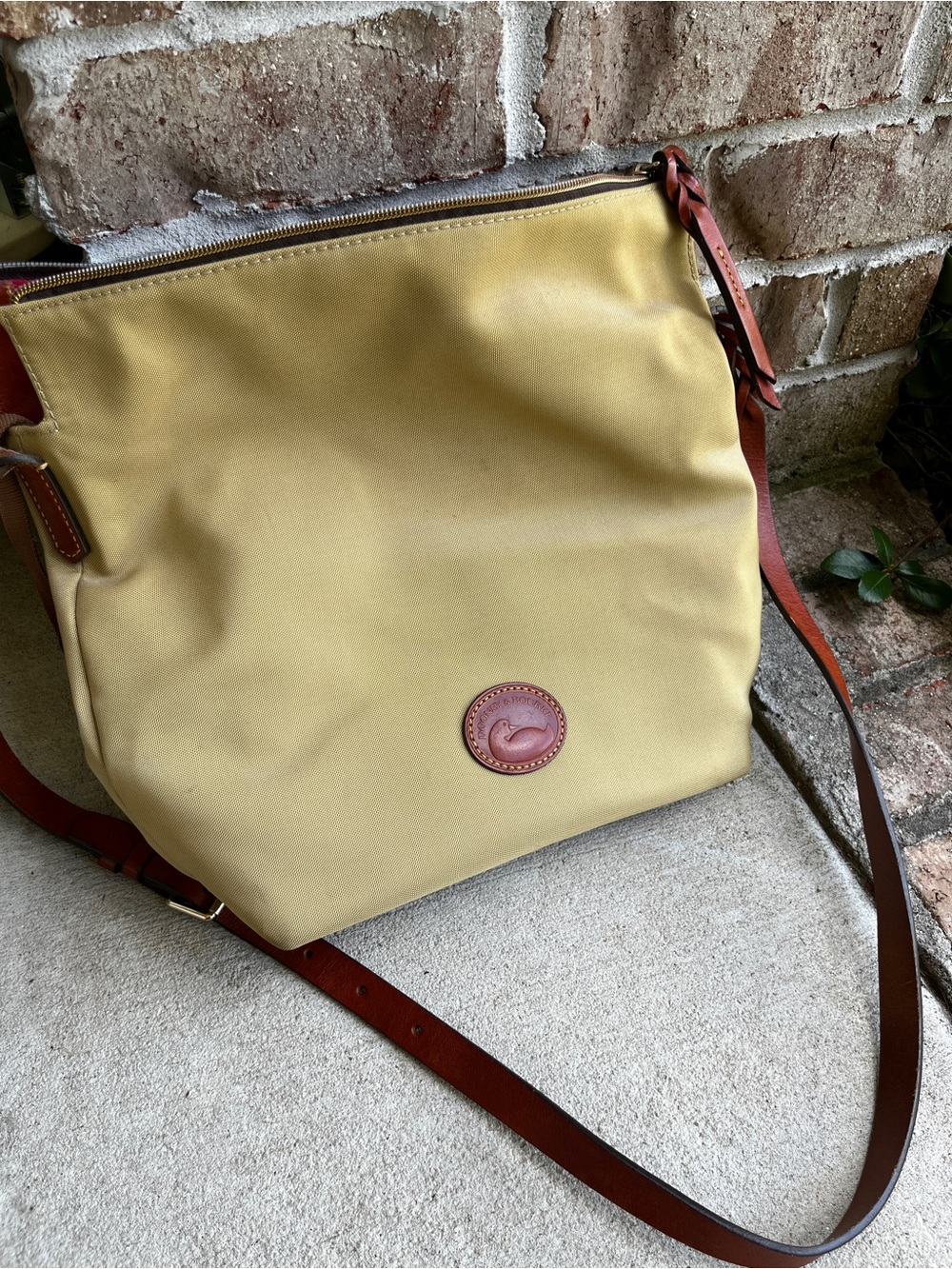 Dooney & Bourke Tan Bucket Crossbody Tote with Brown Leather Trim